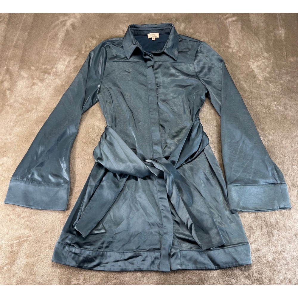 Camila Coelho Mini Dress Women S Blue Excellent Satin Tie Waist Belt Long Sleeve